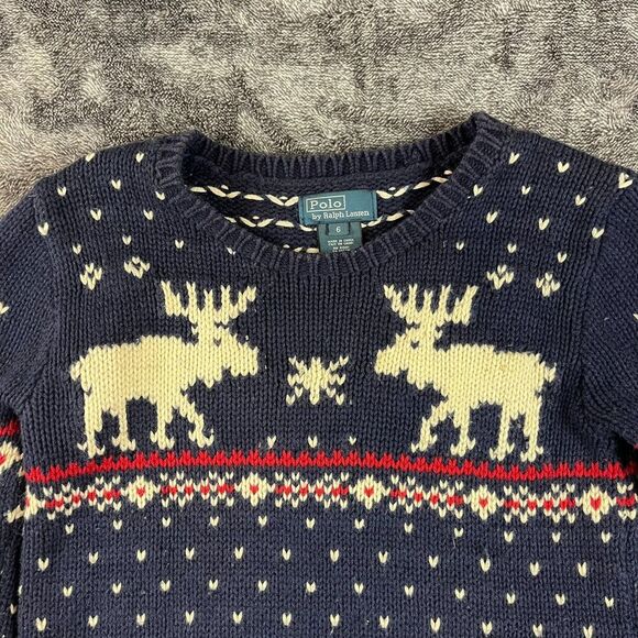 Vtg Polo Ralph Lauren Cotton Wool Fair Isle Moose AOP Knitted Sweater Youth 6 - Picture 2 of 11